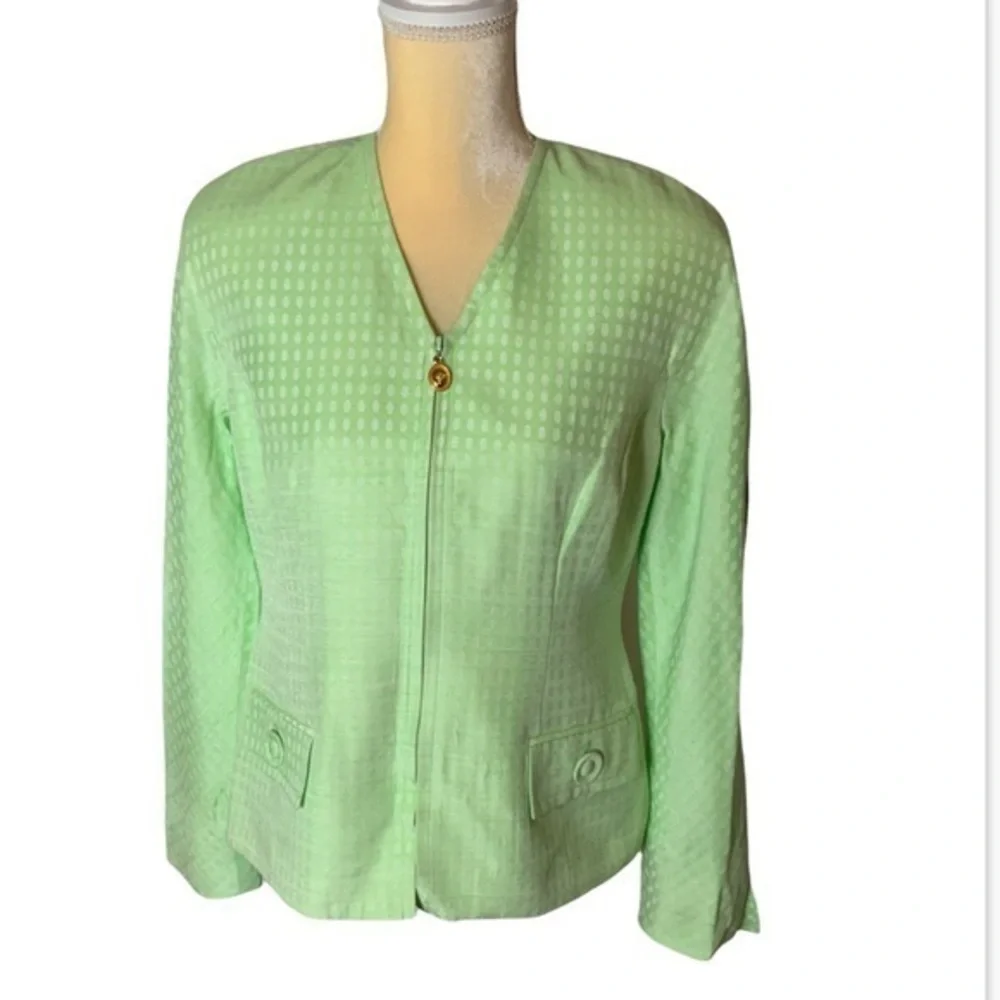 Vintage Christian Dior Zip-Up Long Sleeve Blazer Green and White Sz 8P Designer